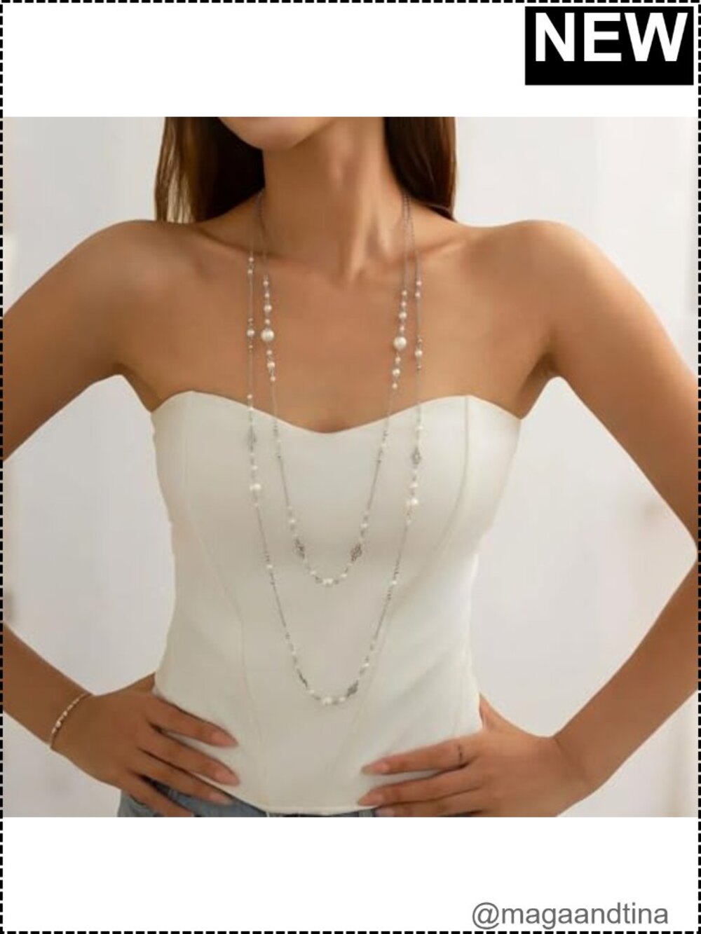 Double Layer Pearl Long Necklace Trendy Dainty Statement Jewelry